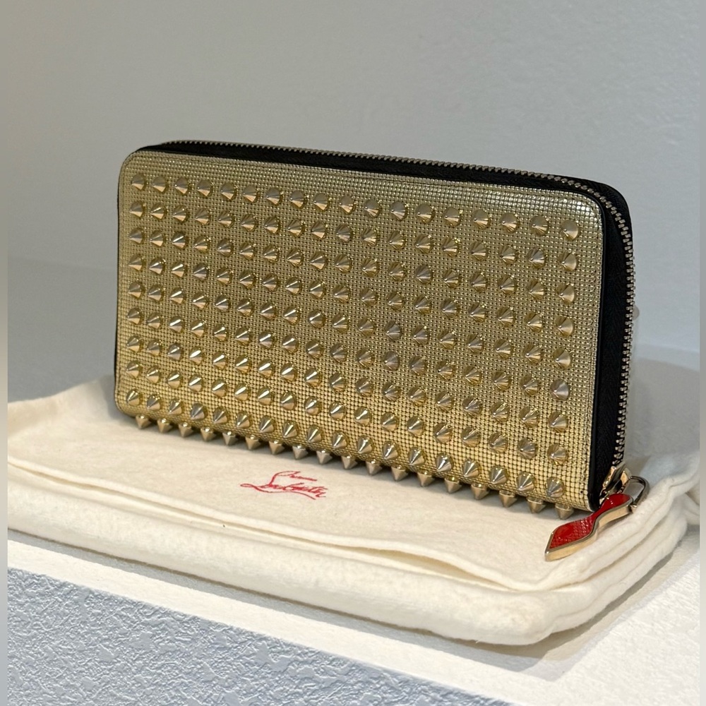Auth Christian Louboutin Panettone Zip Around Long Wallet Metallic Gold
